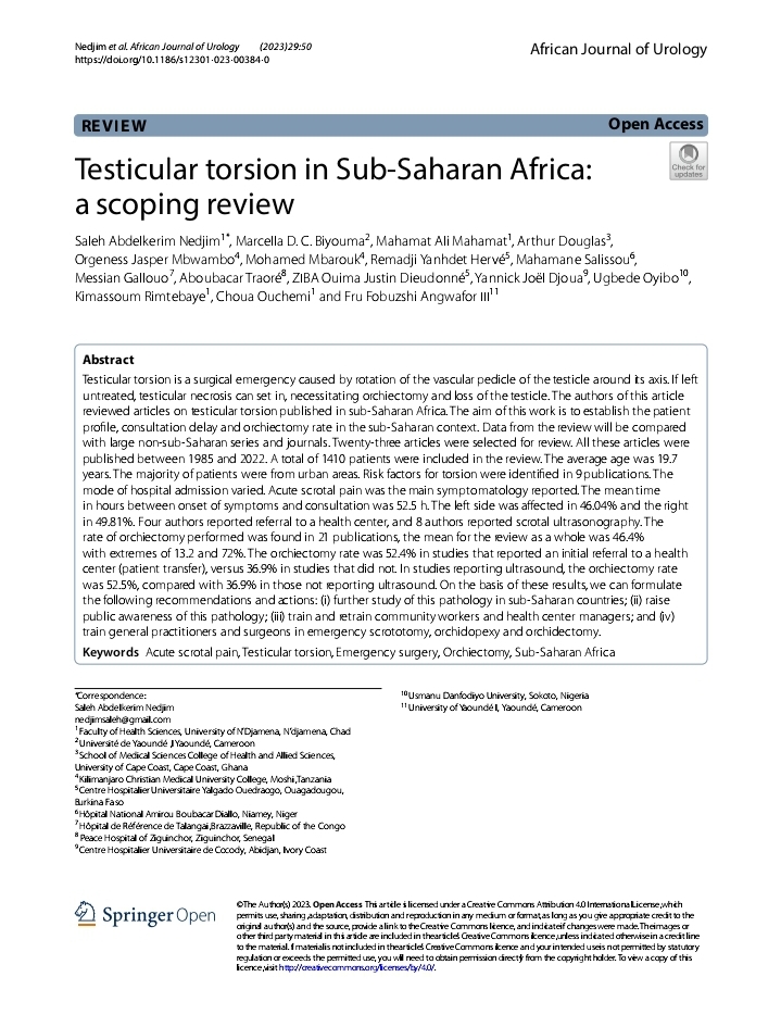 Article sur la torsion du testicule en Afrique subsahahrienne